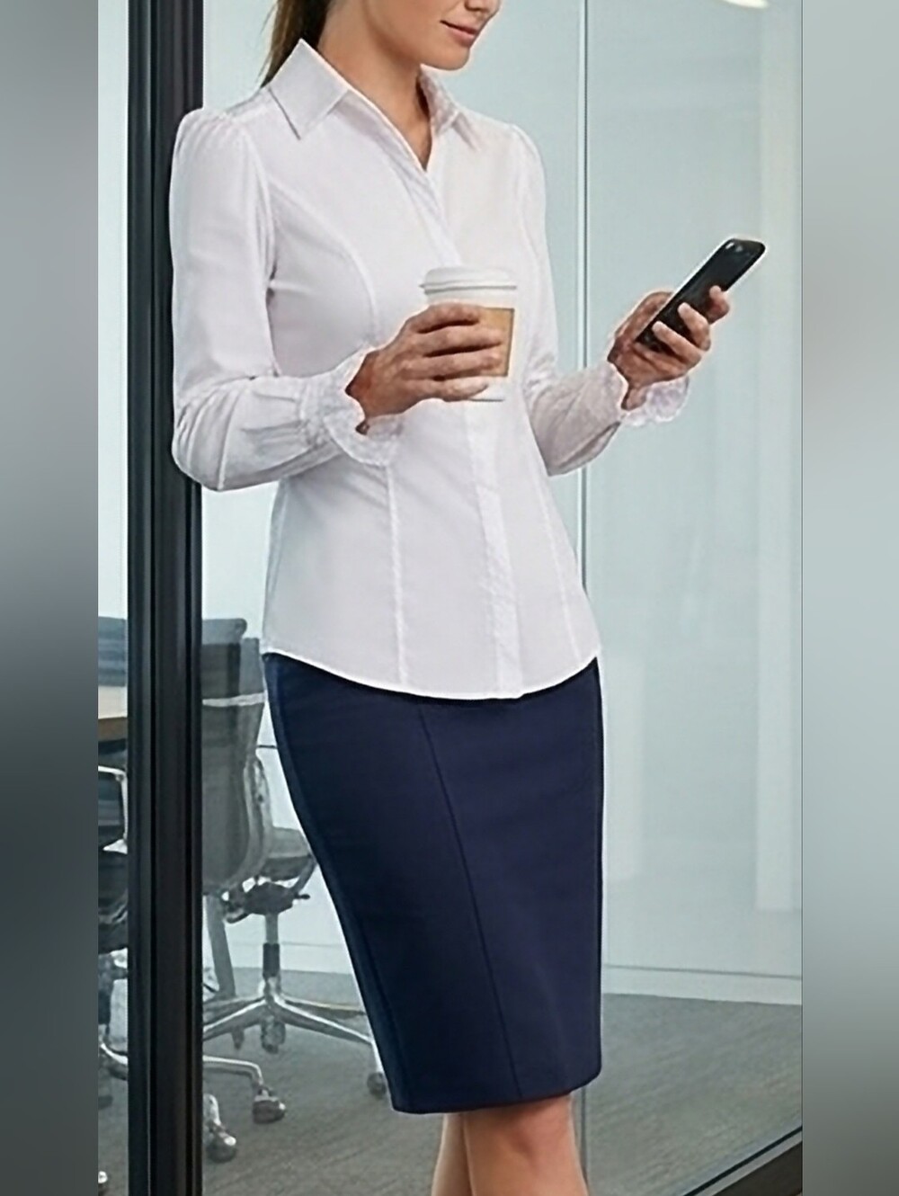 White House Black Market White Ruffle-Cuff Button Down Cotton Blnd Shirt 6/Small - Picture 5 of 16